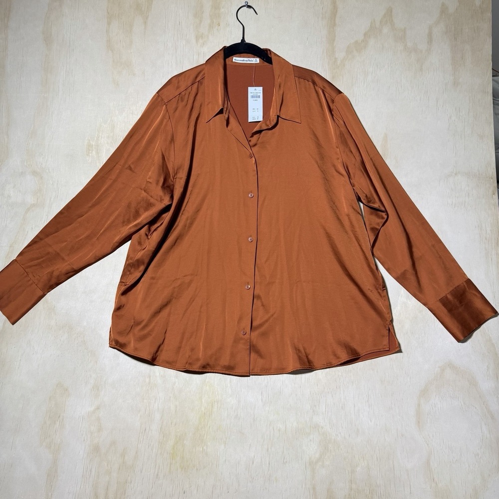 Abercrombie & Fitch Women's XL Satin Button Front Blouse Copper Long Sleeve NWT